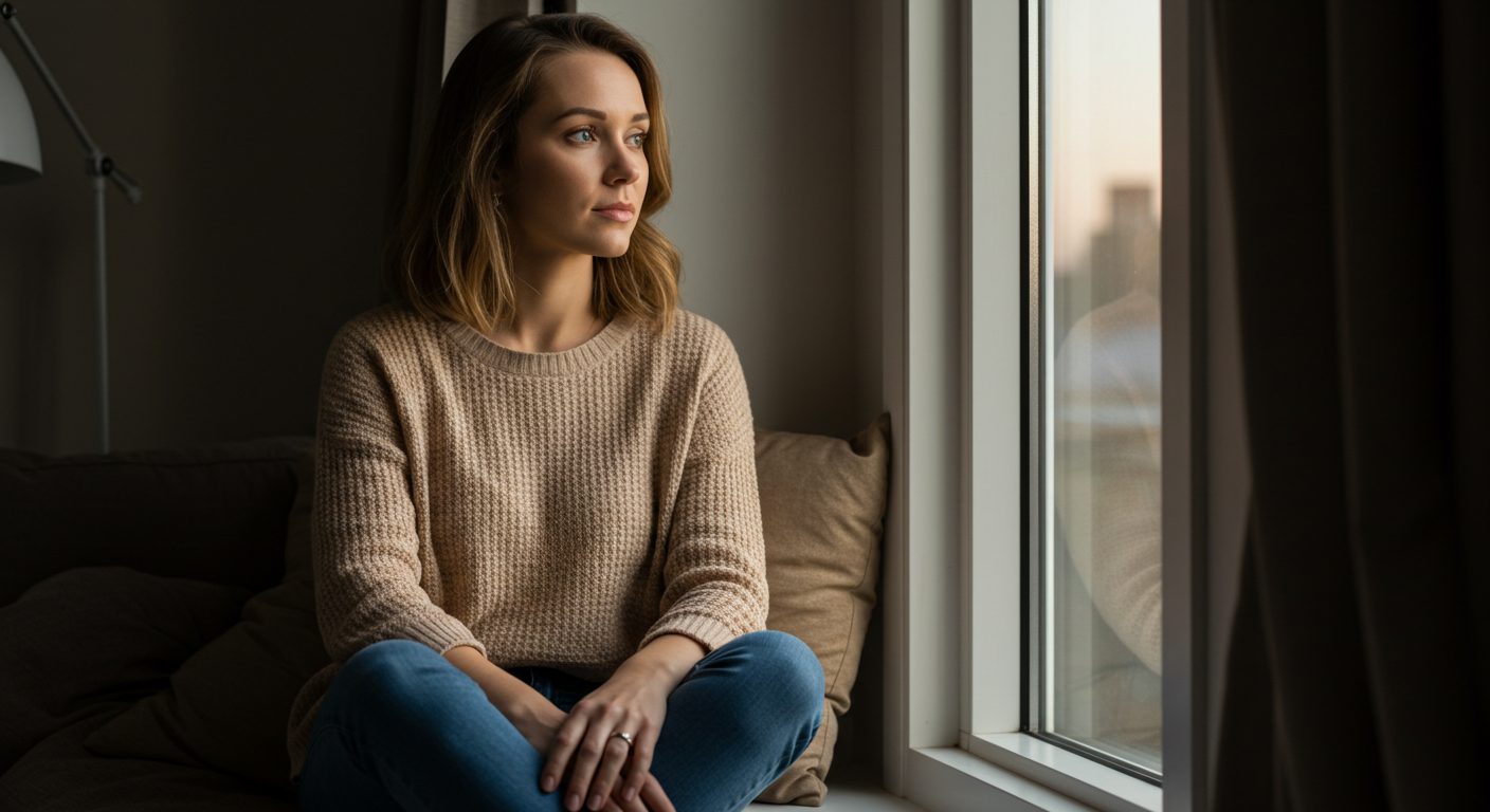 Молодая мама сидит на подоконнике и смотрит в окно в уютной квартире