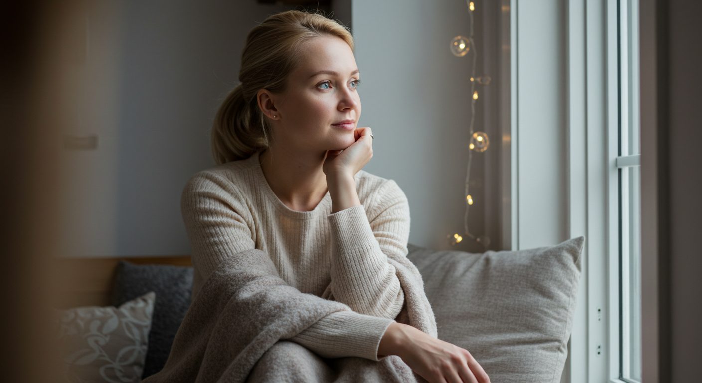 Молодая мама сидит у окна с пледом, думая о счастье и гармонии