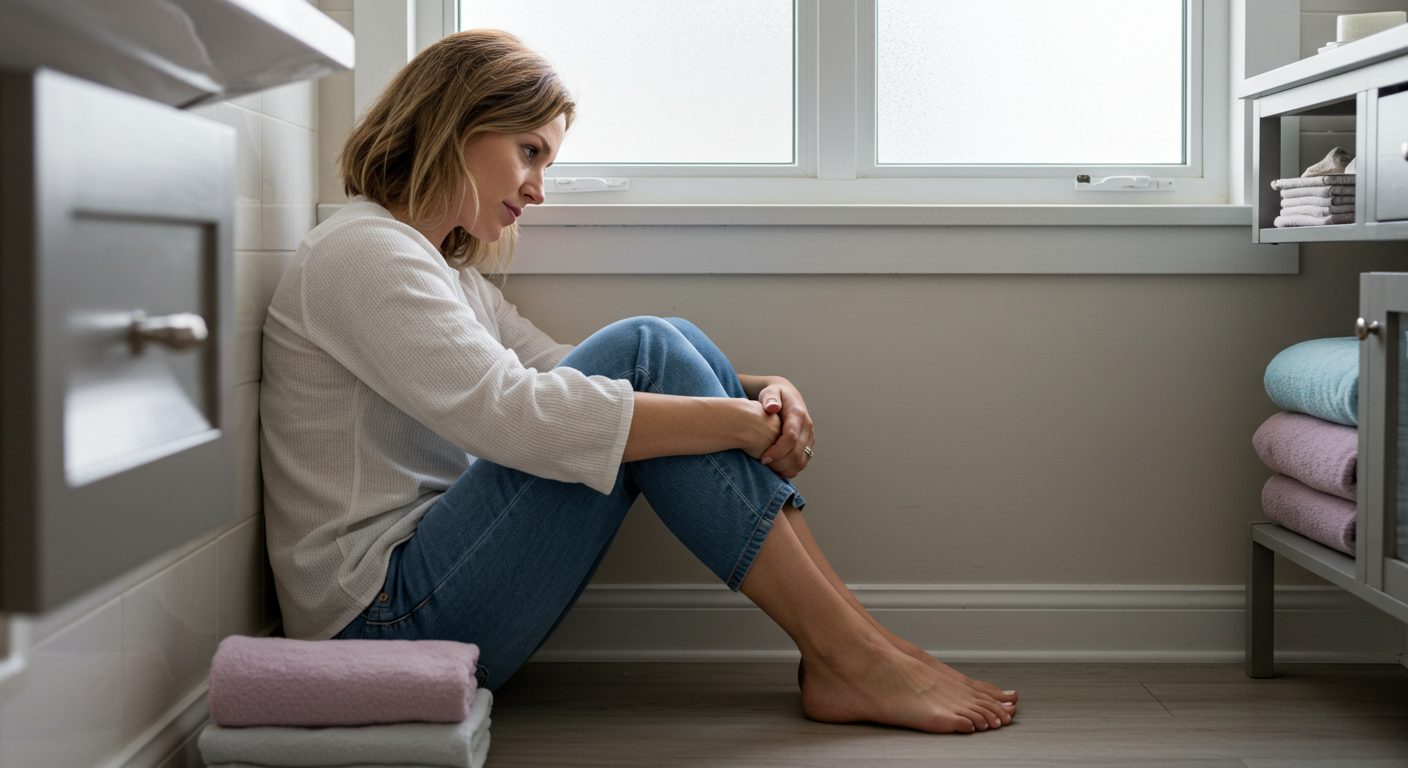 Молодая мама сидит в ванной, ощущая спокойствие и личное пространство