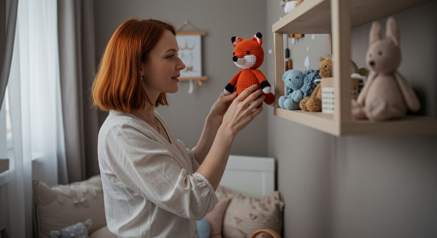 Молодая мама ставит готовую вязаную лису на полку в nursery со скандинавским дизайном