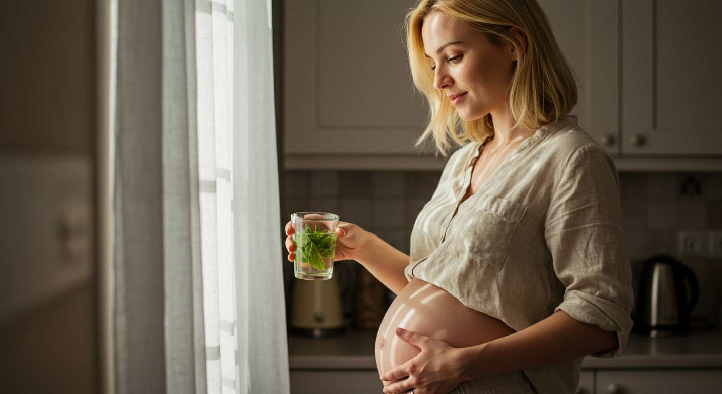 Молодая мама в кухне берет чай, держит живот, утренний свет