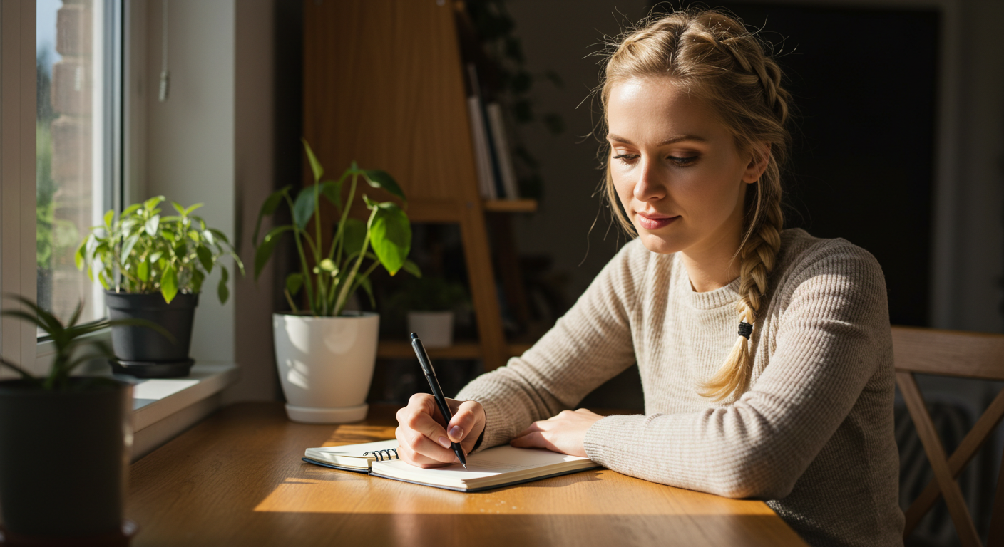 Молодая мама ведет дневник у окна в спокойном домашнем офисе