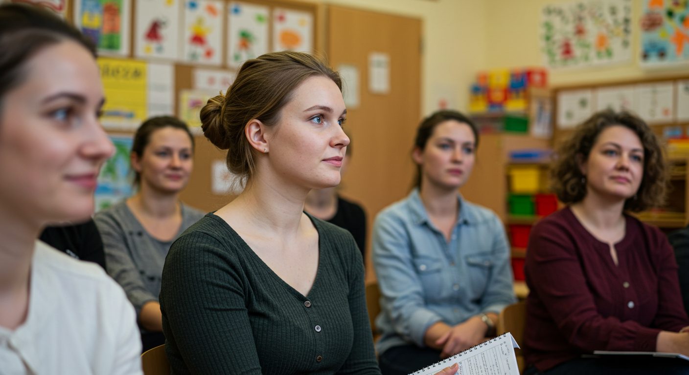 Молодая мама внимательно слушает на родительском собрании в детском саду