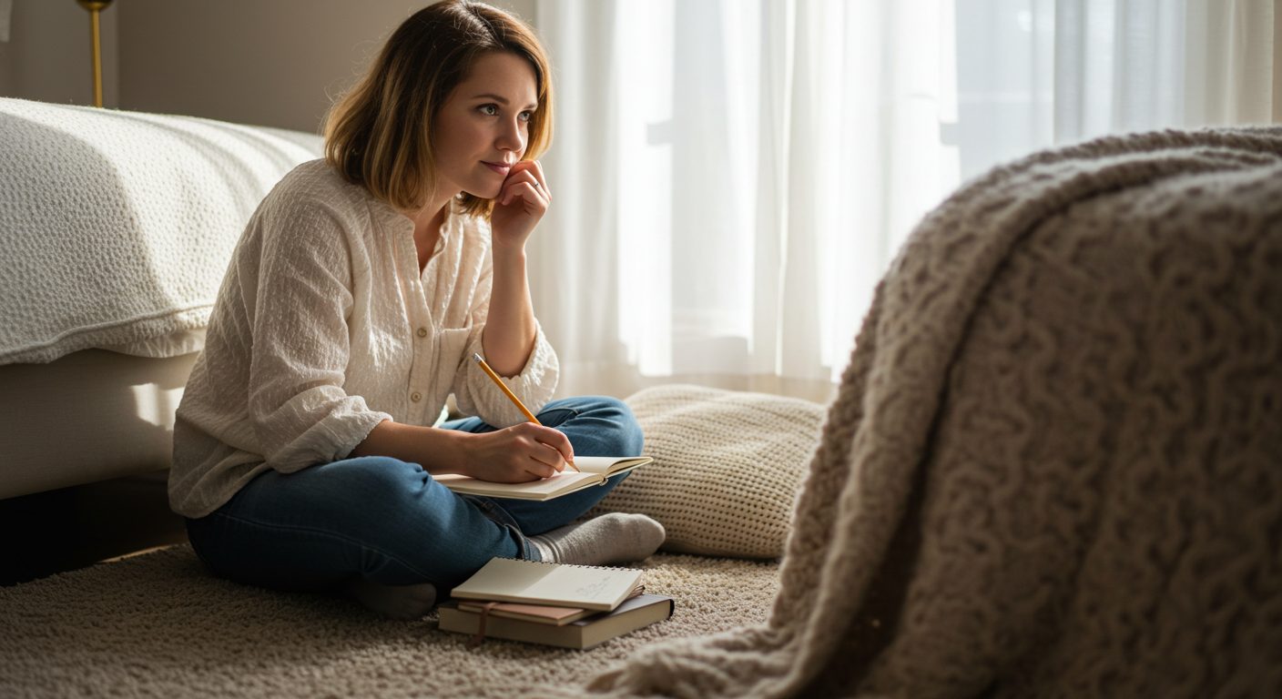 Молодая мама записывает мысли в блокноте на фоне уютной спальни