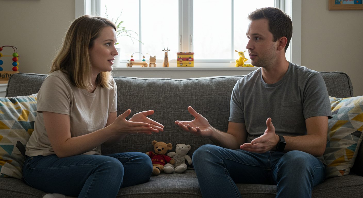 Молодая пара сидит на диване и обсуждает свои чувства в уютной комнате