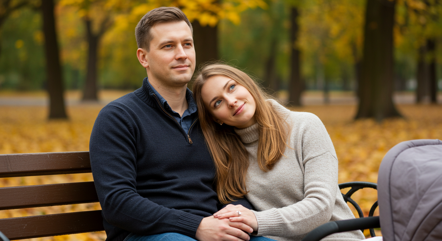 Молодая семья в парке, поддержка друг друга после родов и ухода за швами