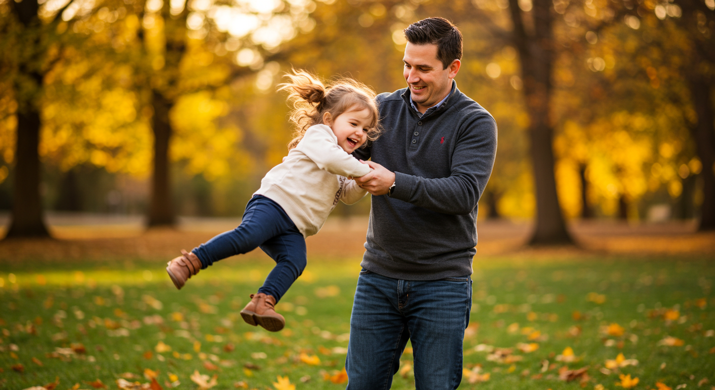 Молодой отец весело вращает дочь в парке во время золотого часа