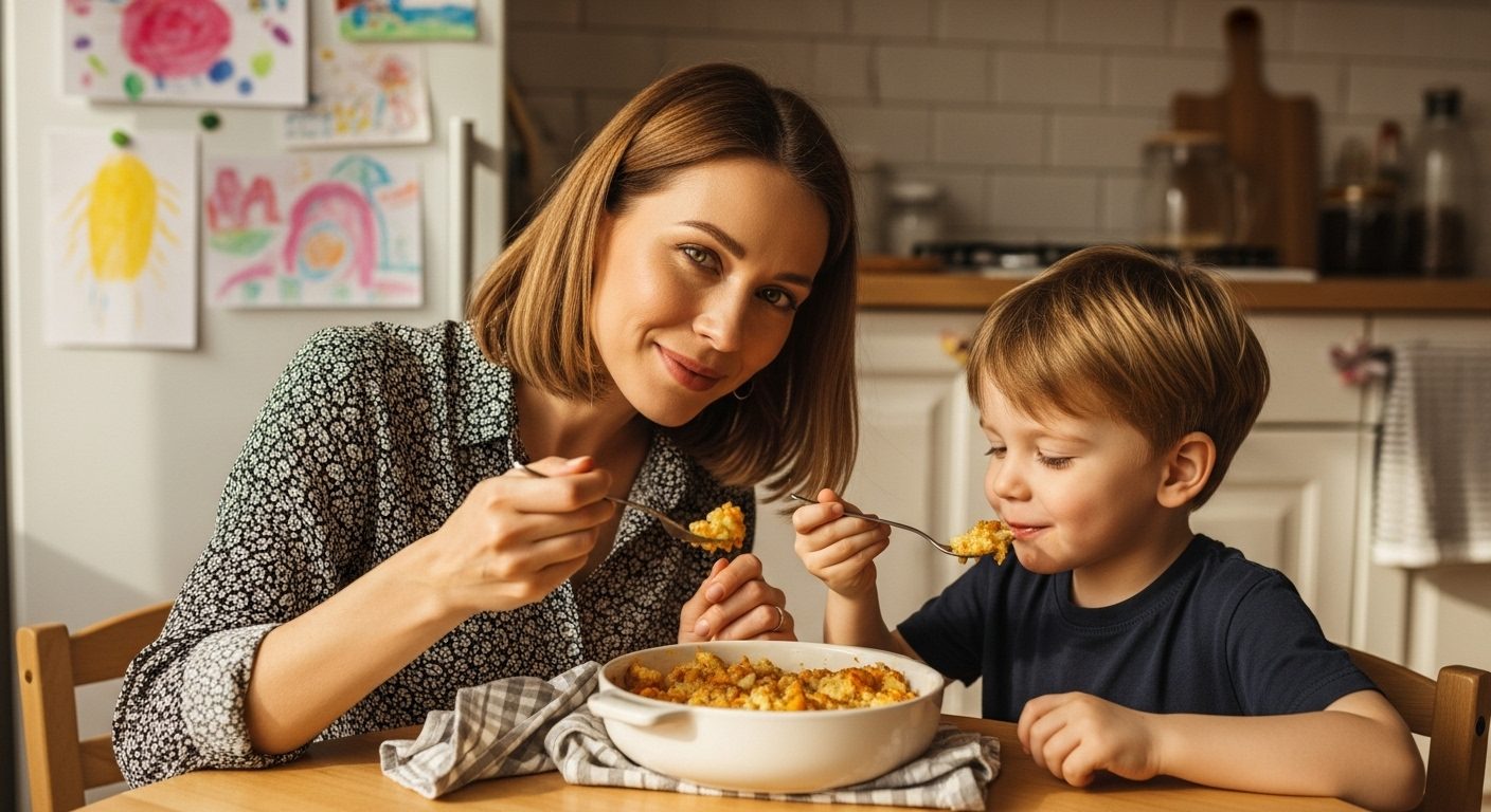 Молодая мама с сыном пробуют запеканку в уютной кухне