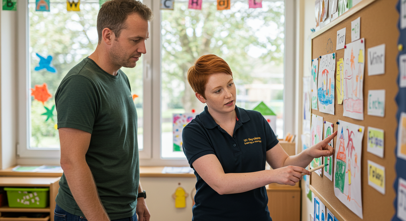 Отец и воспитатель обсуждают детские работы на родительском собрании