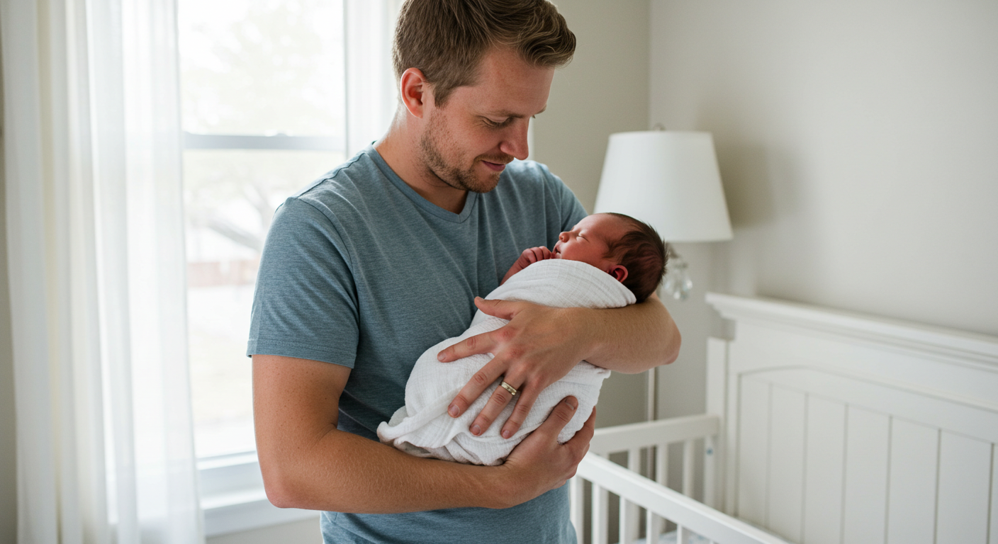 Отец держит новорожденного сына, завернутого в белое одеяло