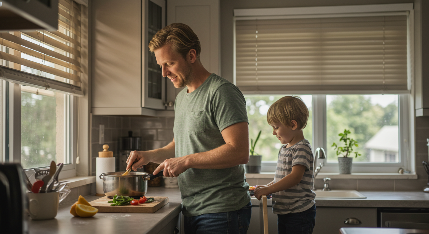 Отец готовит с сыном у окна на кухне с рулонными шторами