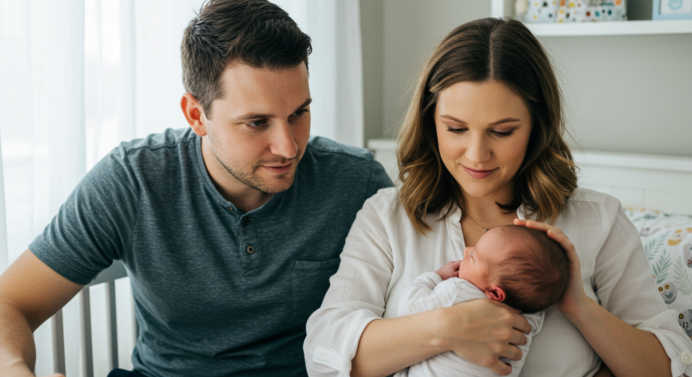 Отец и мать внимательно смотрят на своего новорожденного сына в интерьере детской