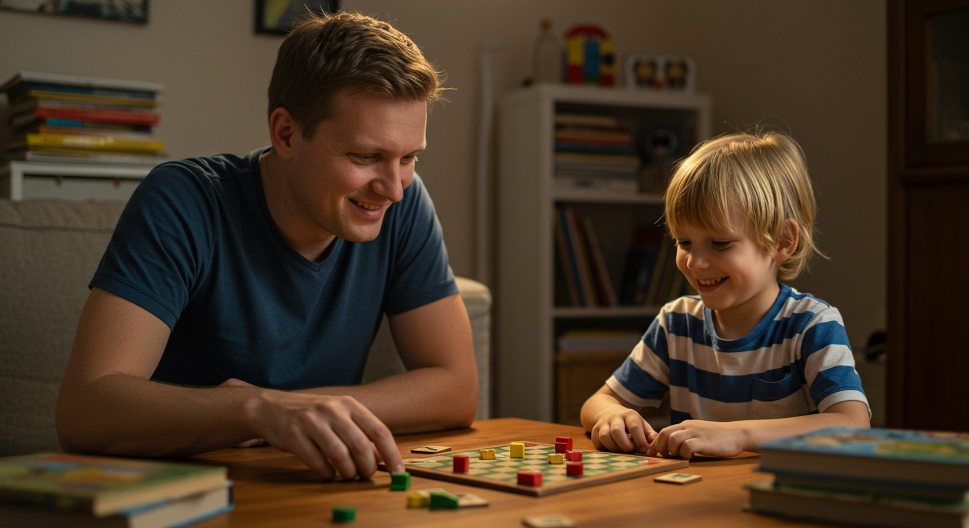 Отец и сын играют в настольную игру, создавая теплую атмосферу дома