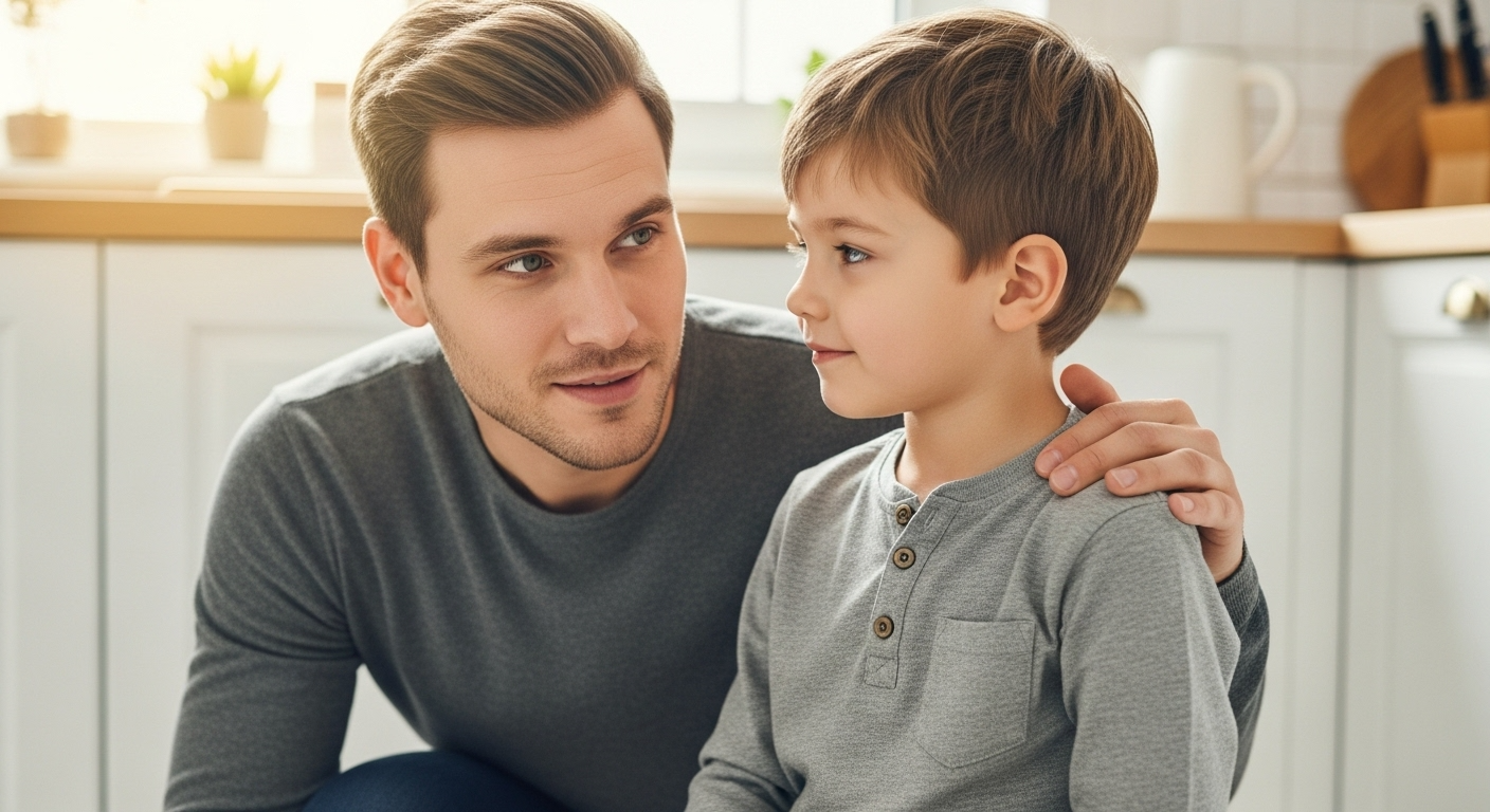 Отец на уровне глаз слушает сына, укрепляя доверие и уважение в отношениях