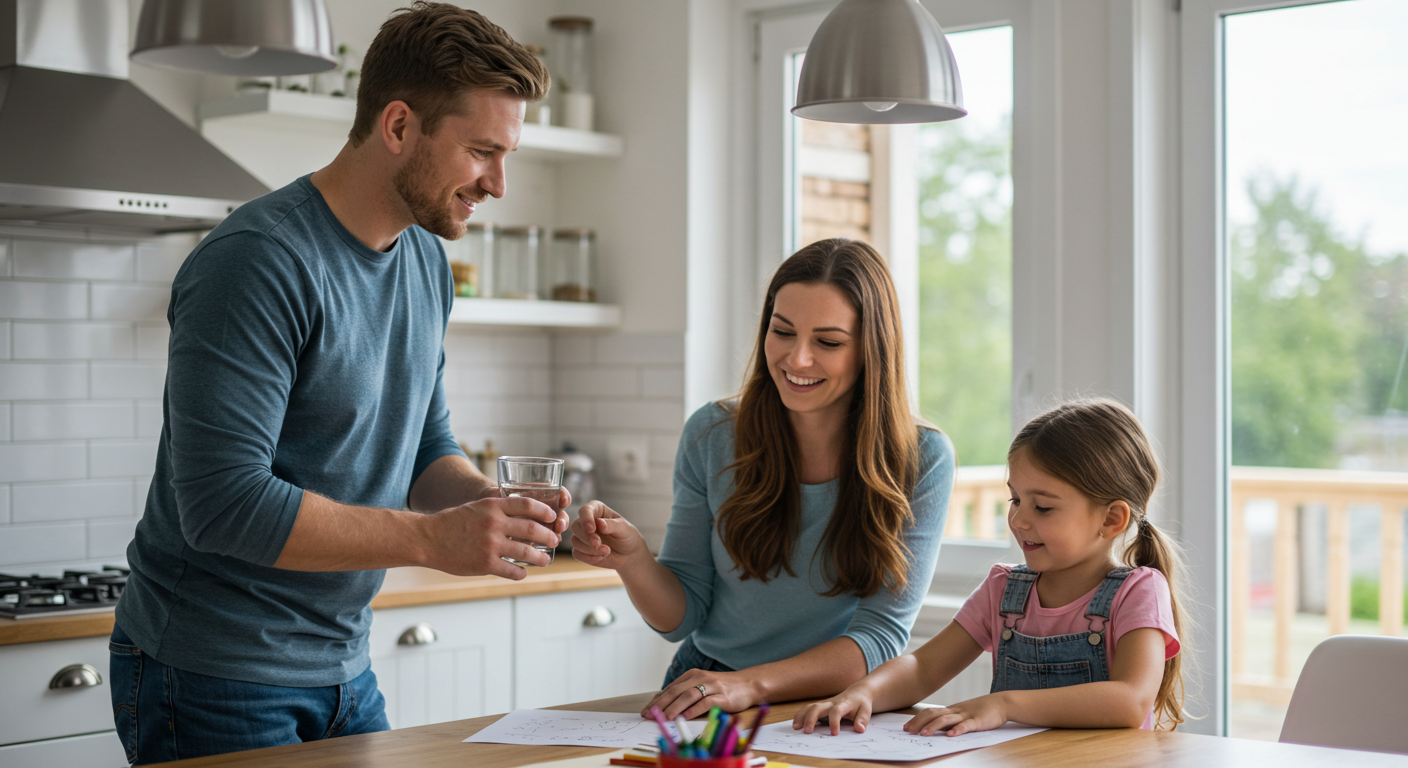Отец передает жене стакан воды, демонстрируя заботу и эмоциональные границы семьи