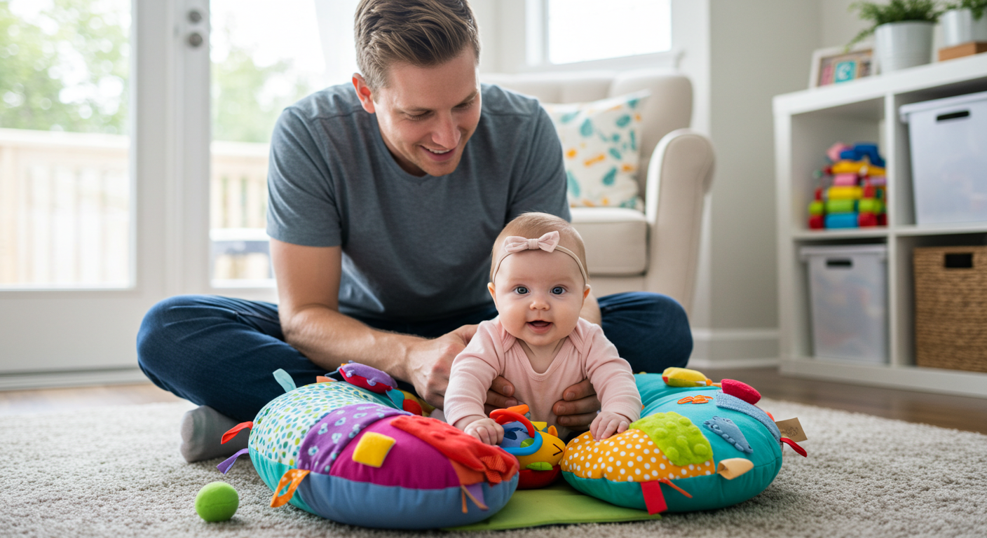 Отец помогает четырехмесячной дочери во время tummy time на U-образной подушке