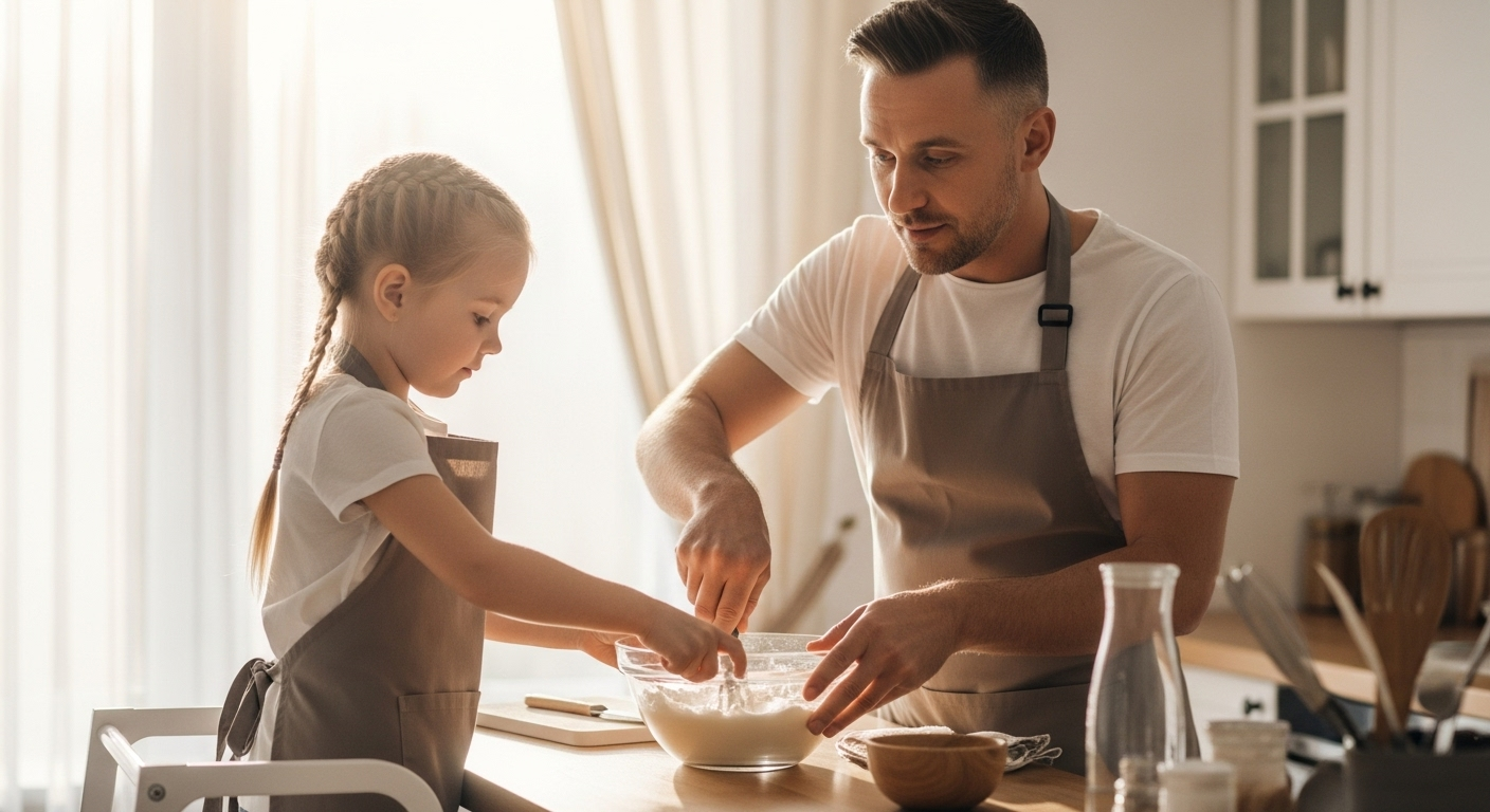 Отец помогает дочери смешивать ингредиенты для блюда на кухне