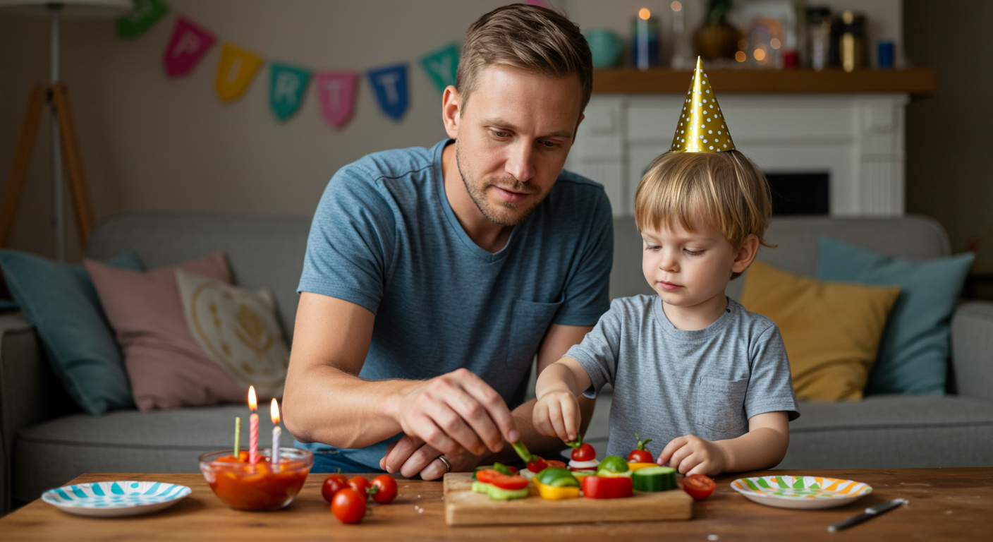 Отец помогает сыну украсить овощные канапе на деревянной доске