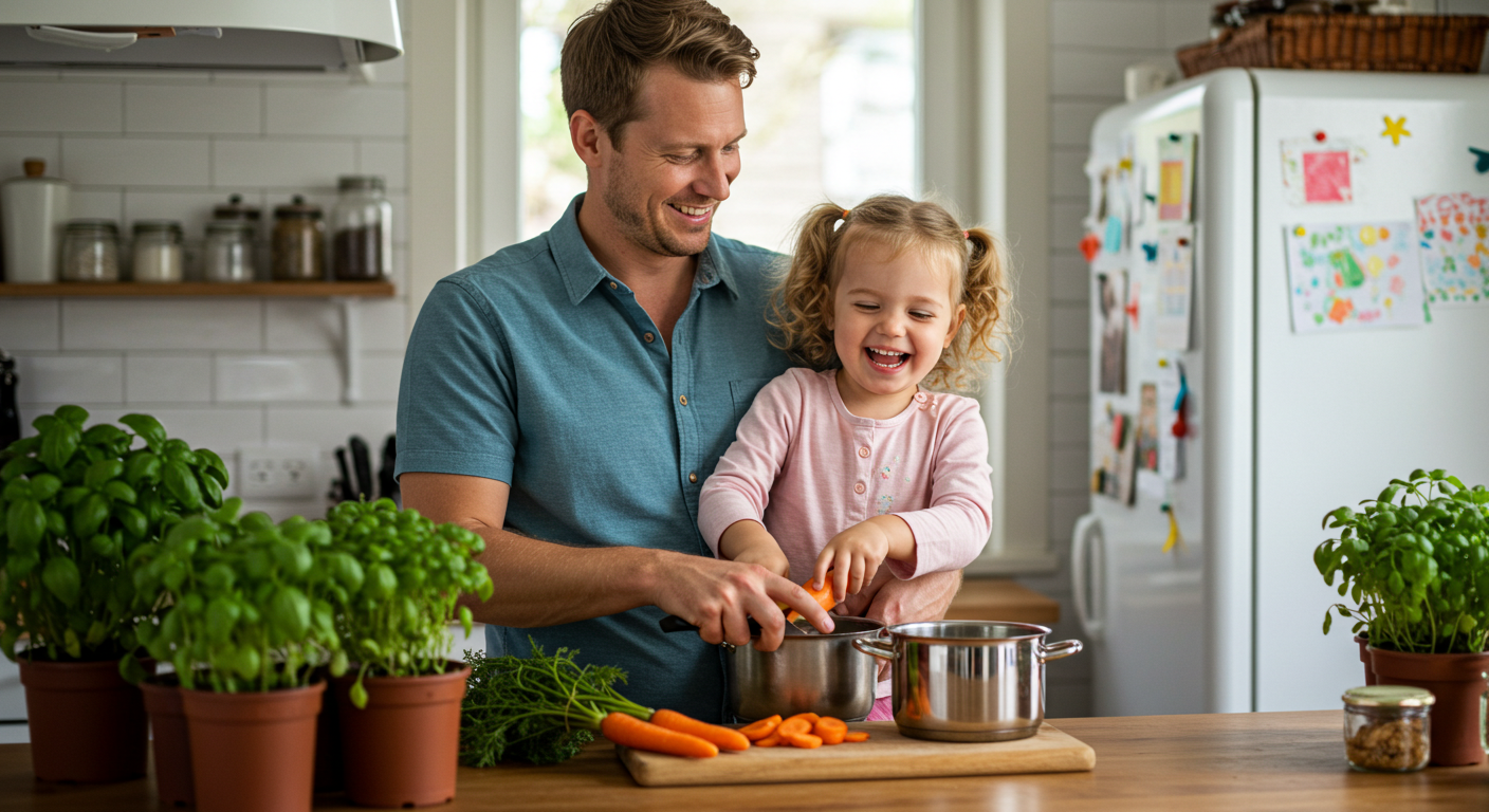Отец с дочкой добавляют морковь в кастрюлю для супа в яркой кухне