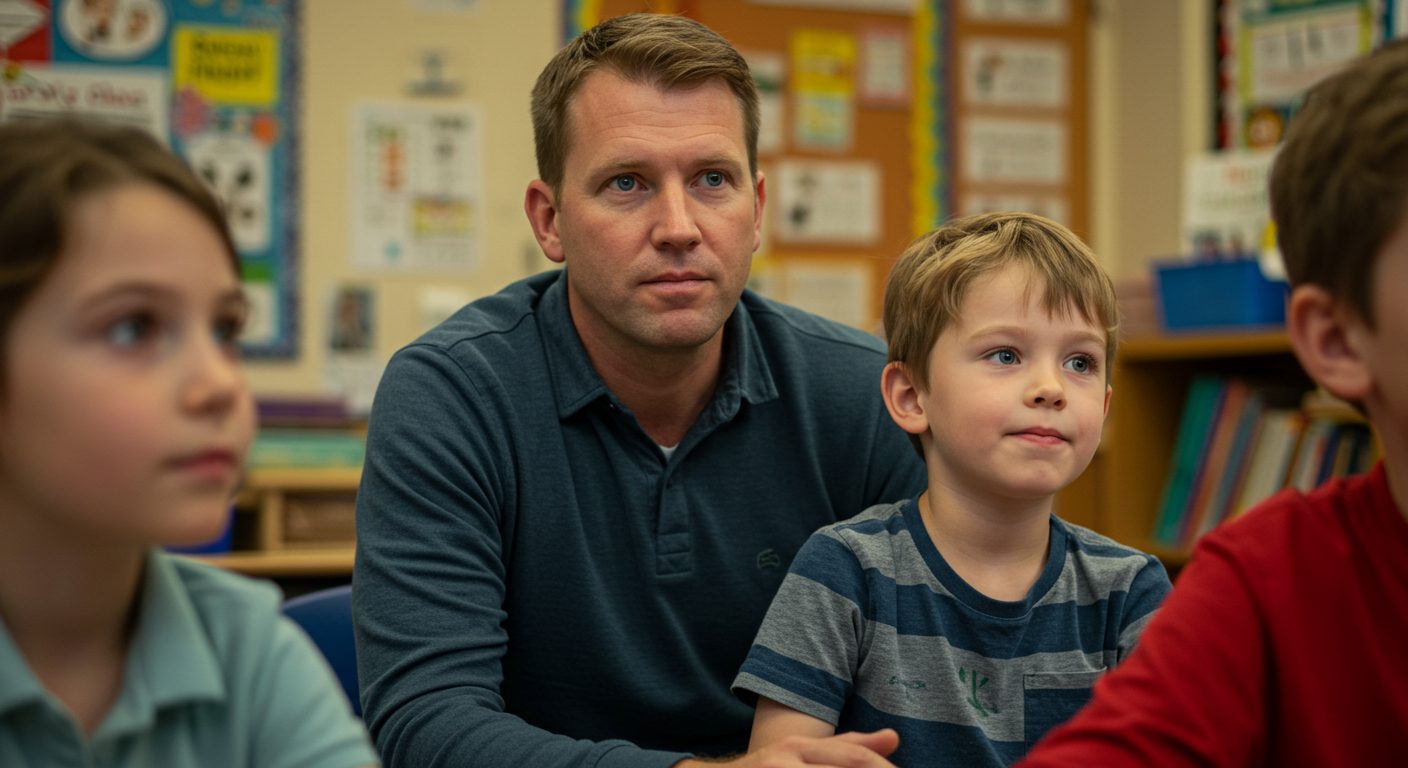 Отец с сыном участвуют в родительском собрании в школьном классе