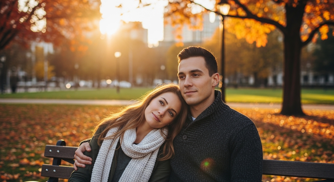 Пара с дочерью на скамейке в парке, открыто проявляя заботу и теплоту