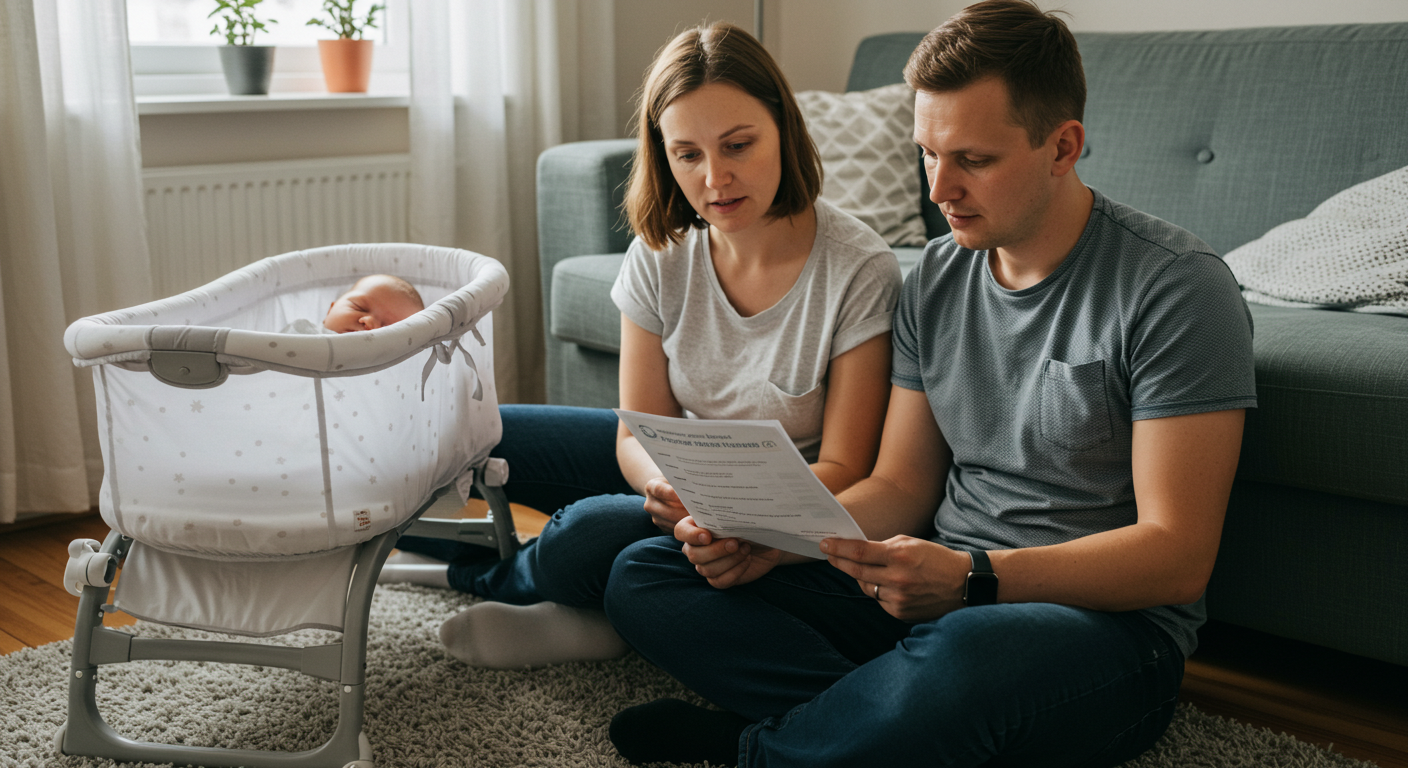 Родители читают чеклист, пока их новорожденный спит рядом