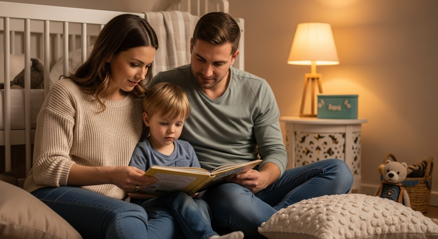 Родители читают сыну книгу, создавая эмоциональную связь и гармонию в семье