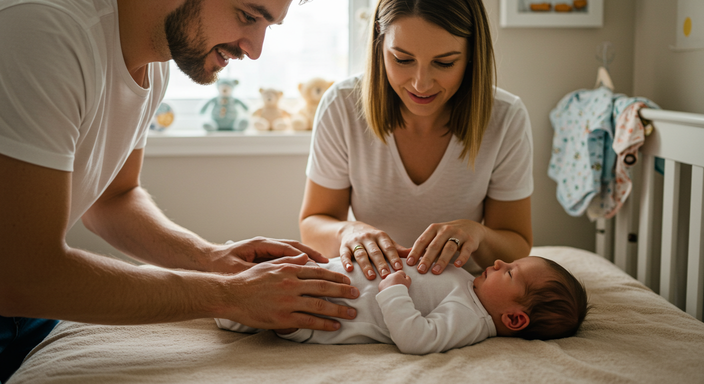 Родители массируют животик новорожденного на мягком одеяле в уютной детской