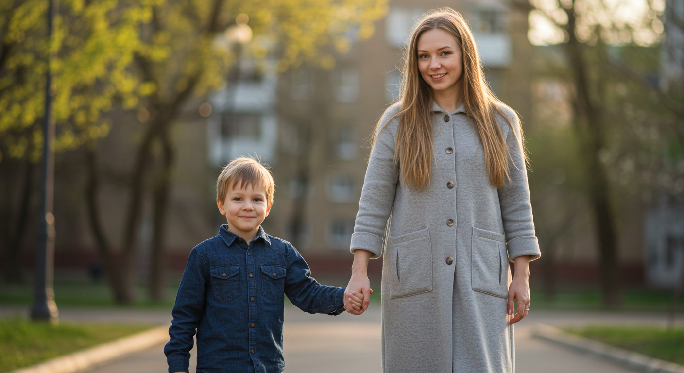 Русская мама гуляет с сыном в жилом районе под солнечным светом
