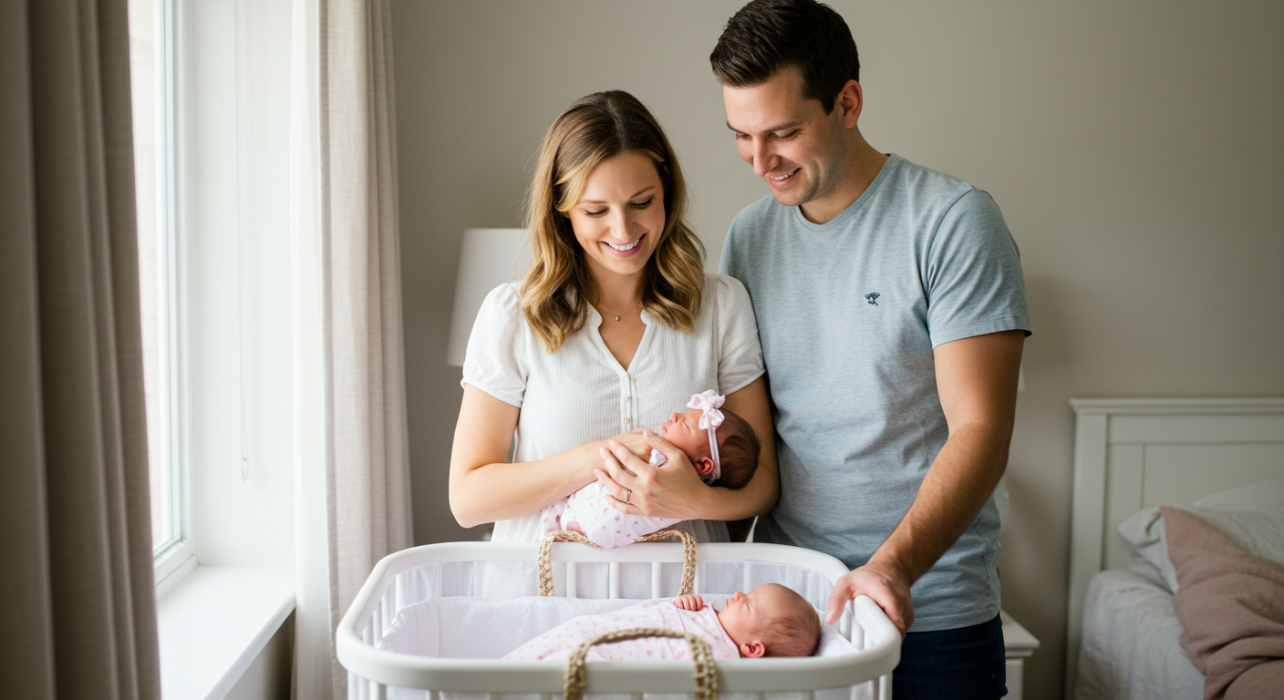 Счастливые родители смотрят на новорожденную дочь в белом люльке