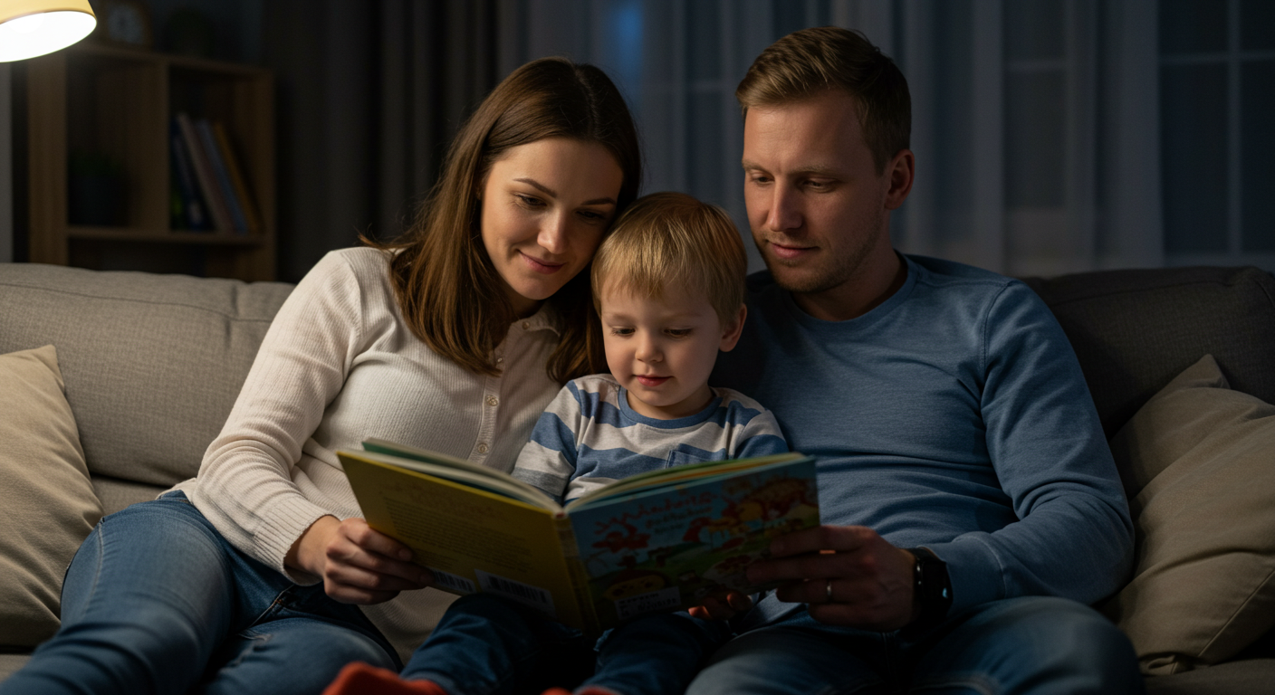 Семья читает книгу в уютной комнате, создавая атмосферу счастья