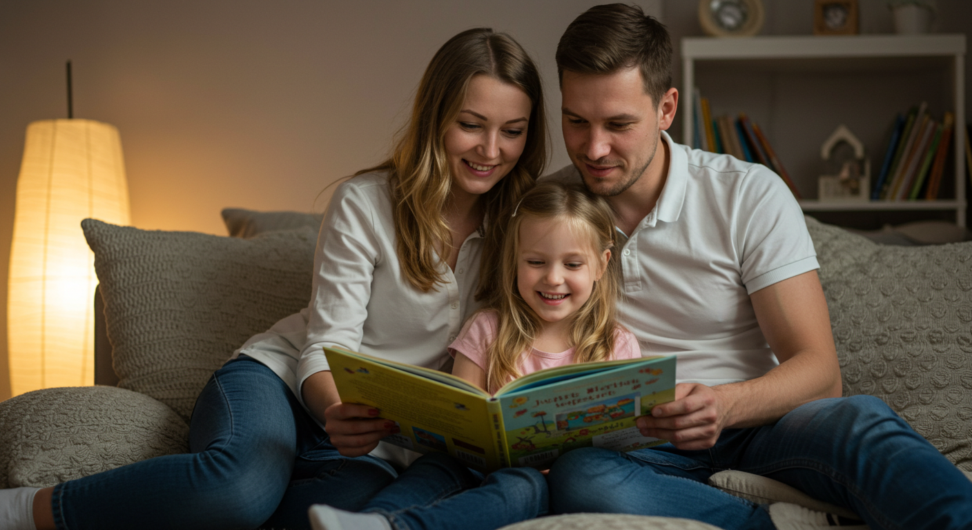 Семья читает книгу на полу, создавая эмоциональную связь и поддержку