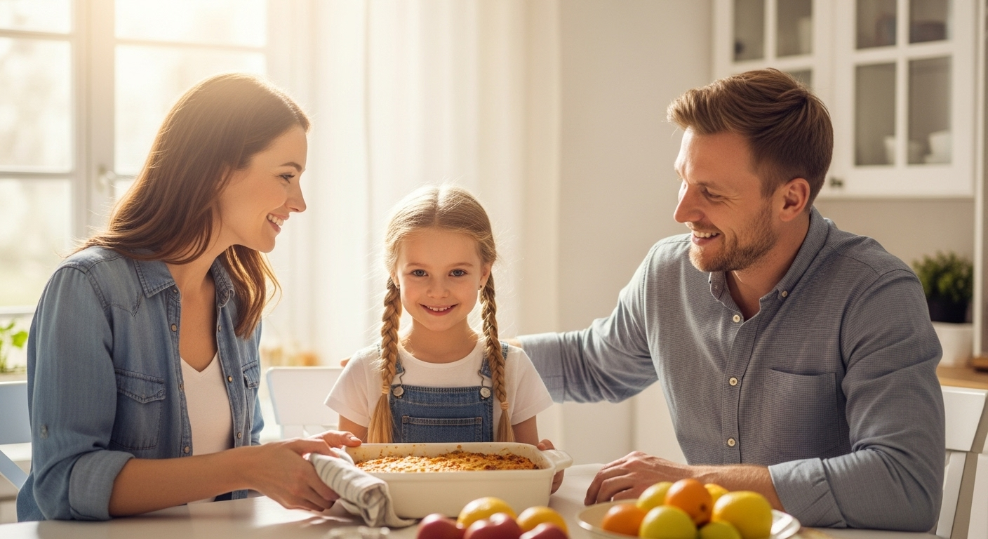 Семья из трех человек накрывает стол для обеда вместе