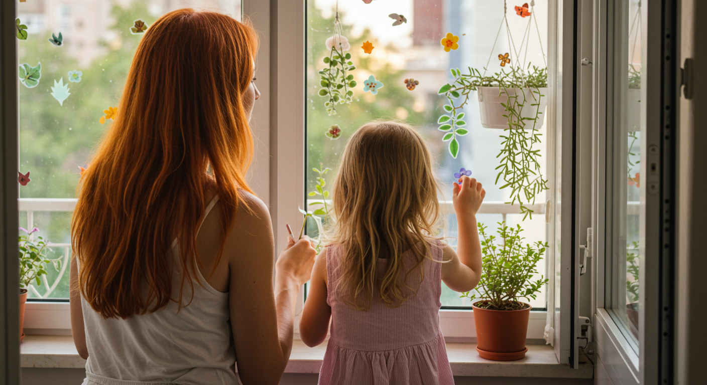 Семья украшает окно на балконе бумажными наклейками и растениями