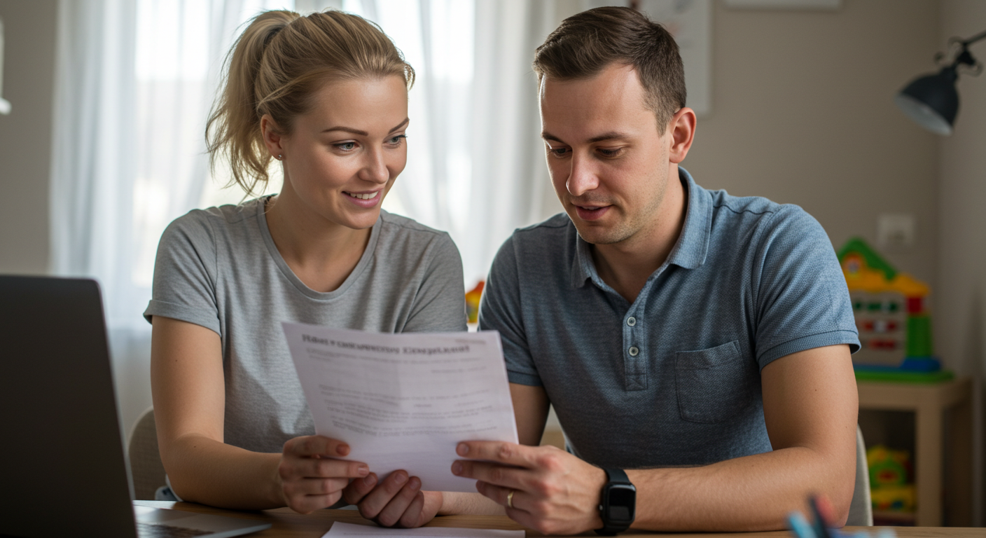 Славянская пара обсуждает переведенный документ в домашнем офисе