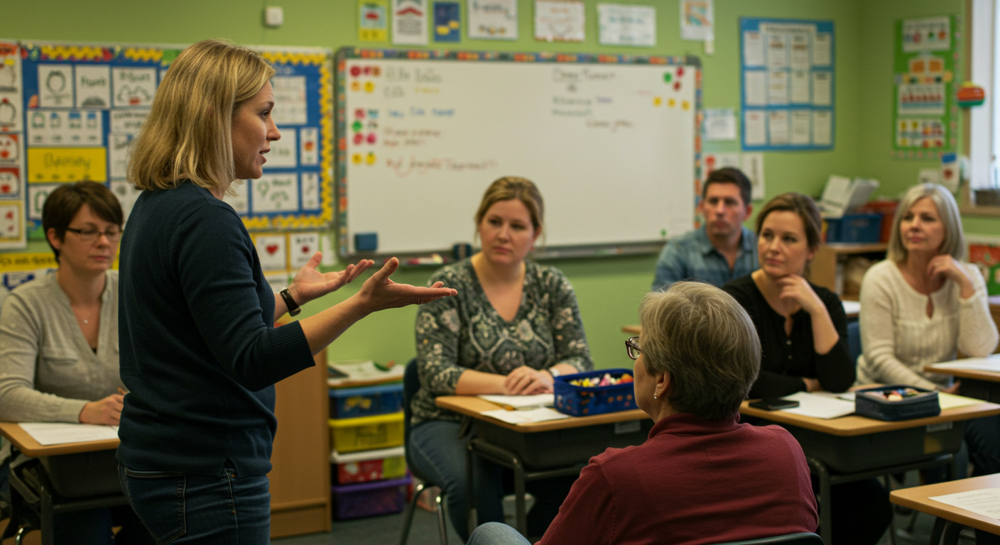 Учитель объясняет родителям важные темы в уютном классе