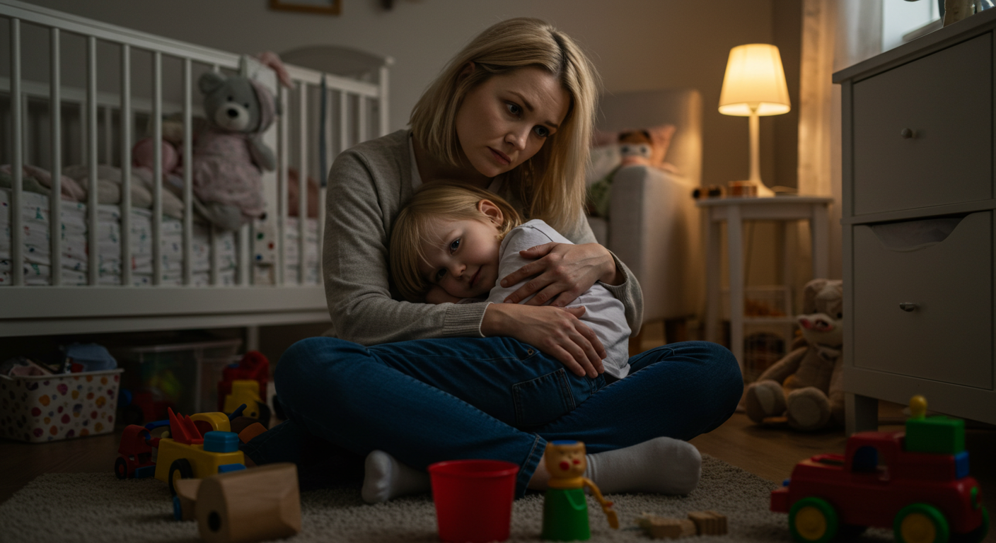 Уставшая мама обнимает дочь на полу детской среди игрушек в вечернем свете