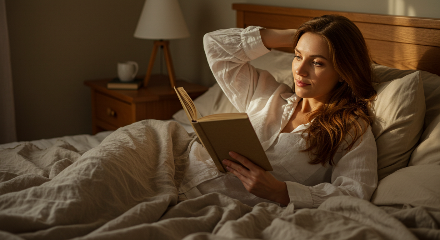 Женщина читает книгу в спальне с оливковыми и бежевыми оттенками и деревянной мебелью