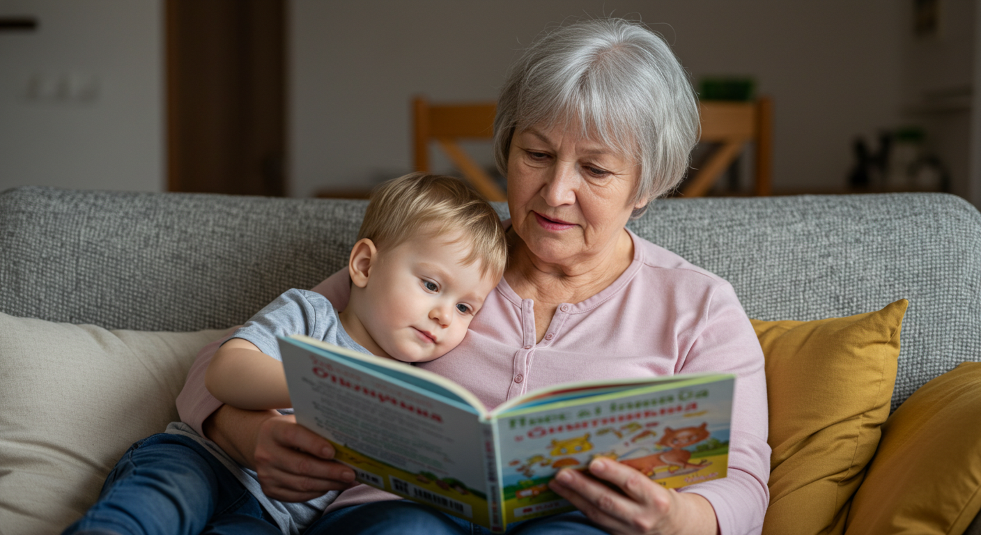 Бабушка читает книгу внуку, который проявляет любопытство и интерес