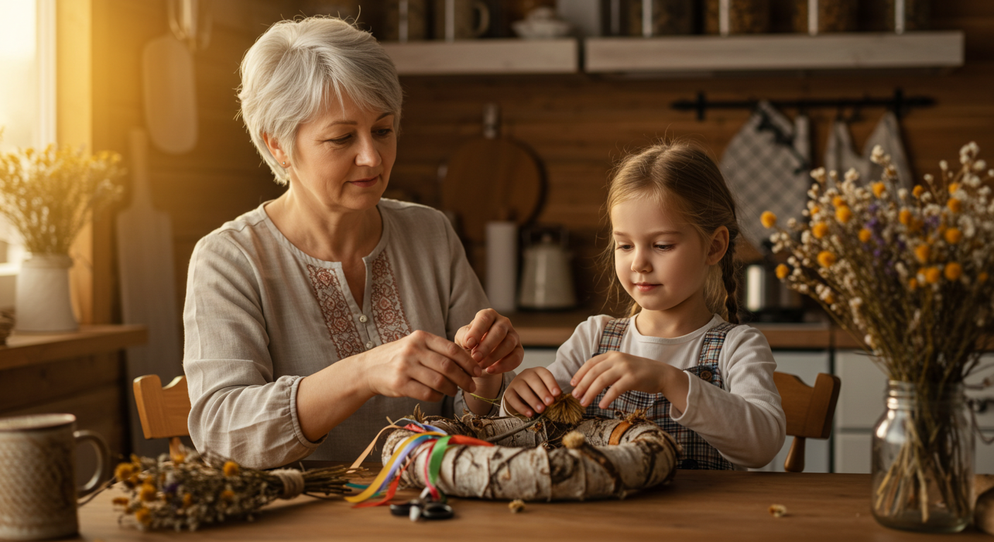 Бабушка помогает внучке украсить березовый венок в уютной кухне