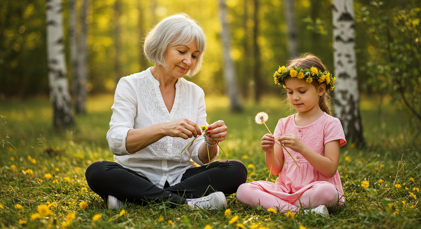 Бабушка с дочерью и внучкой плетут венки из одуванчиков в лесу