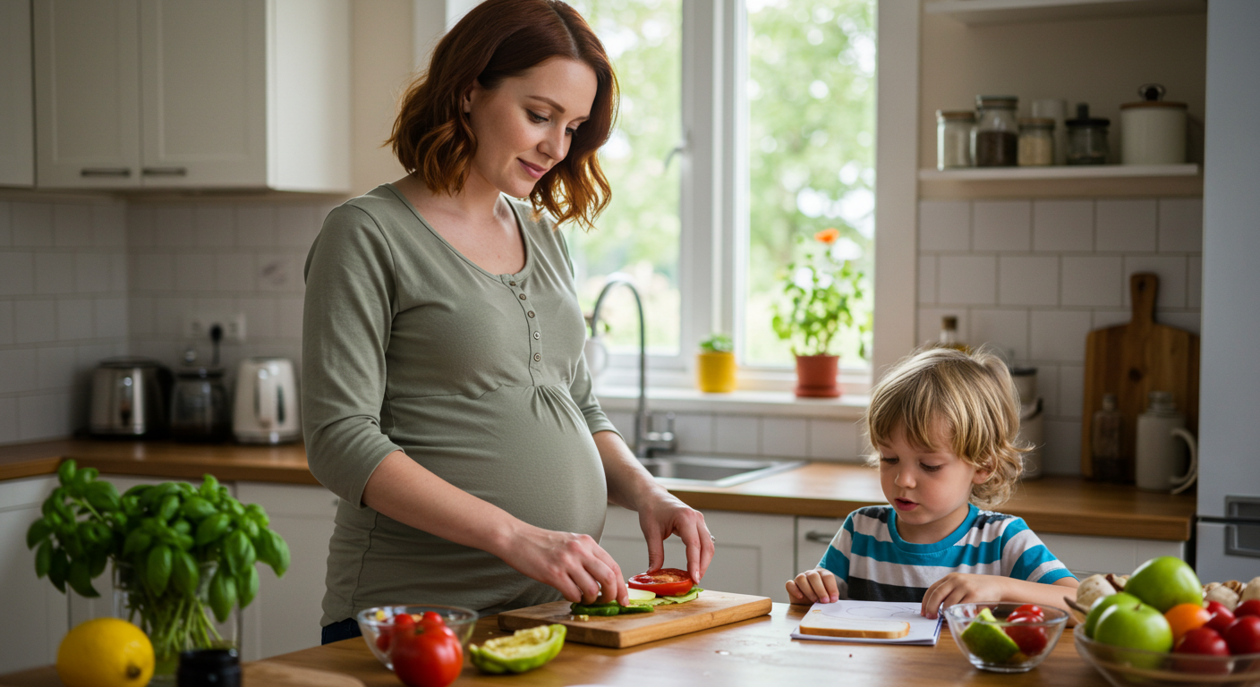 Беременная женщина готовит ингредиенты, пока сын рисует формы бутербродов