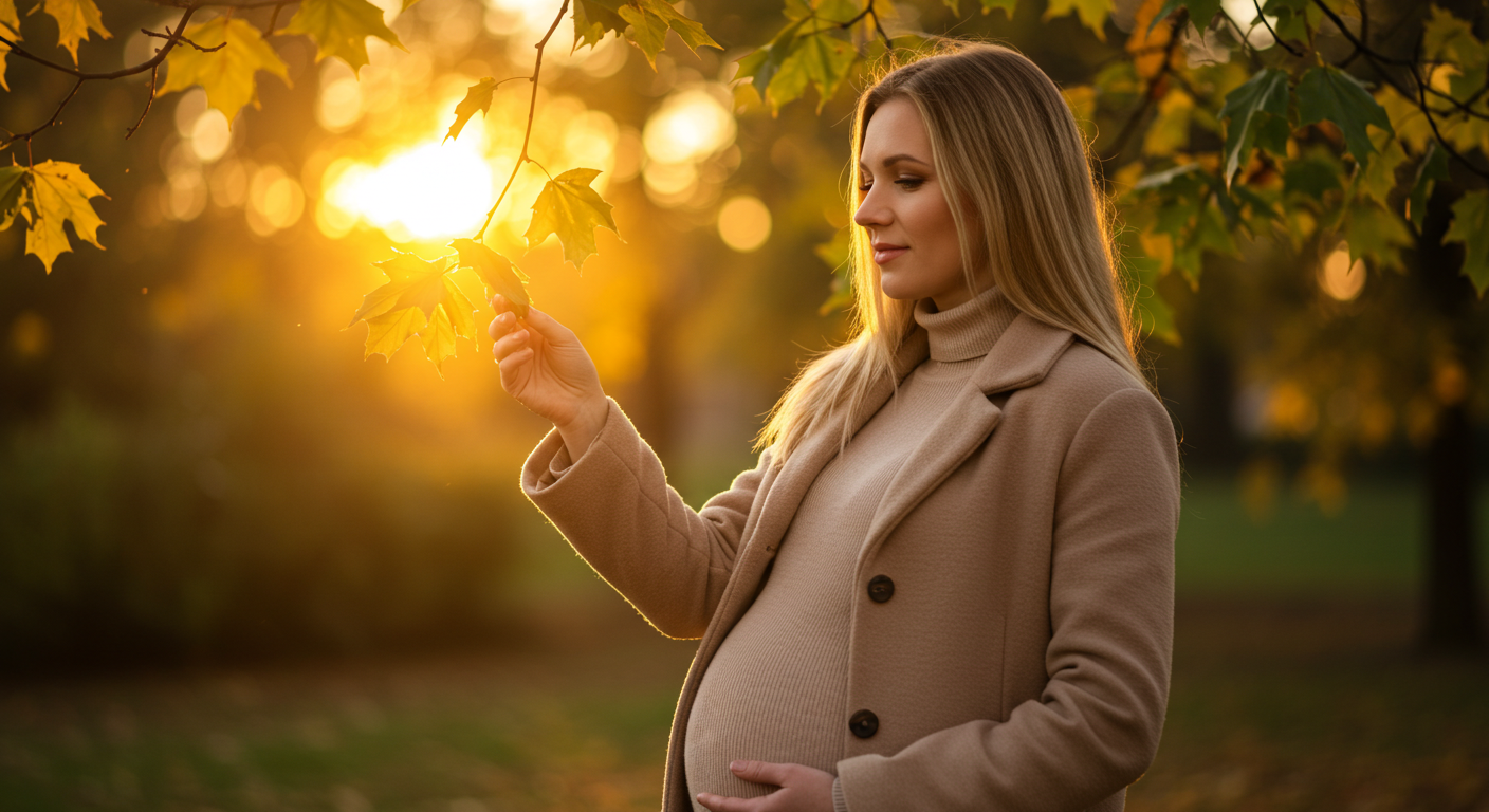Беременная женщина медленно прогуливается по парку, касаясь листа дерева