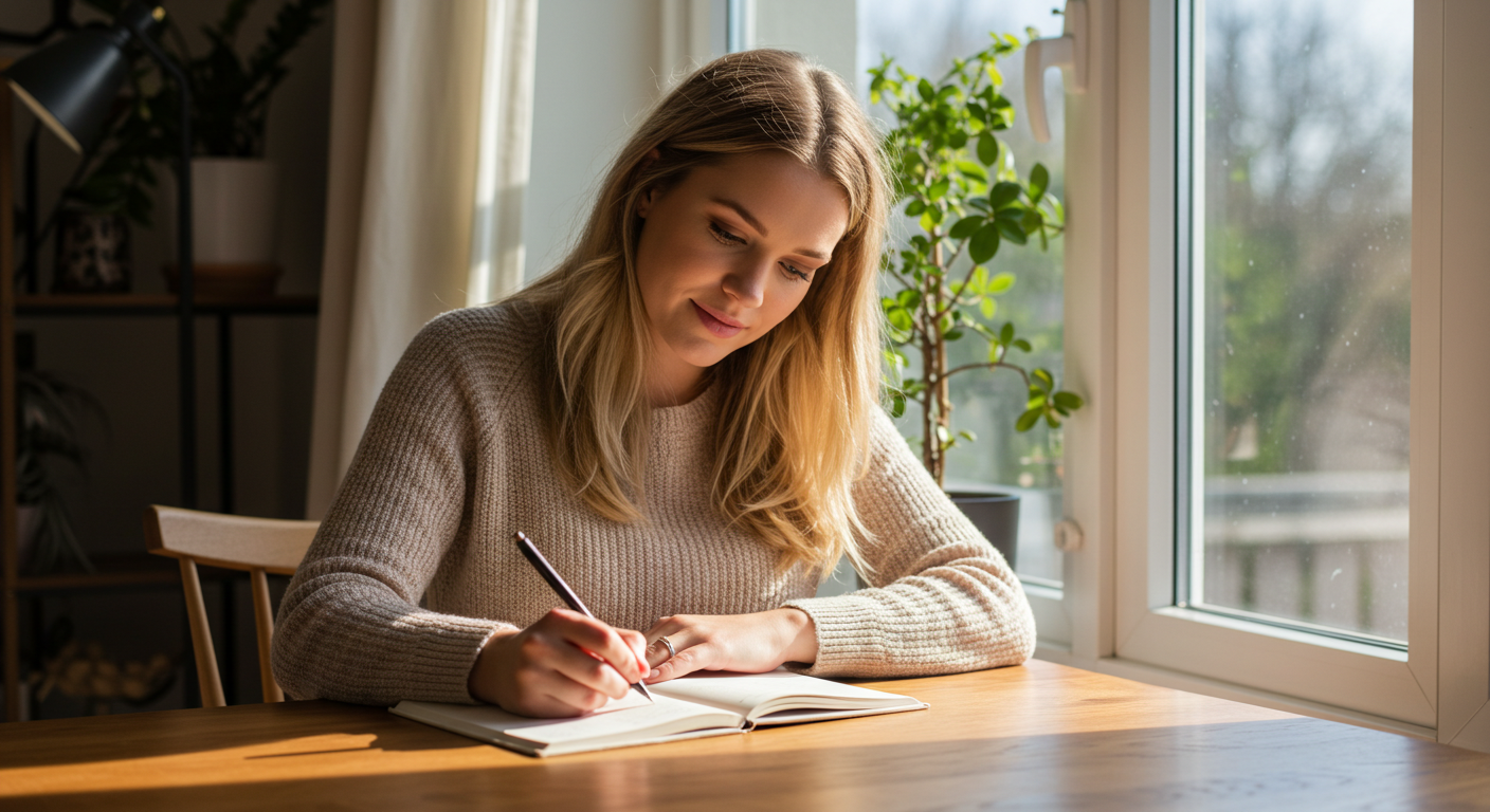Беременная женщина пишет в журнале у окна в уютном доме