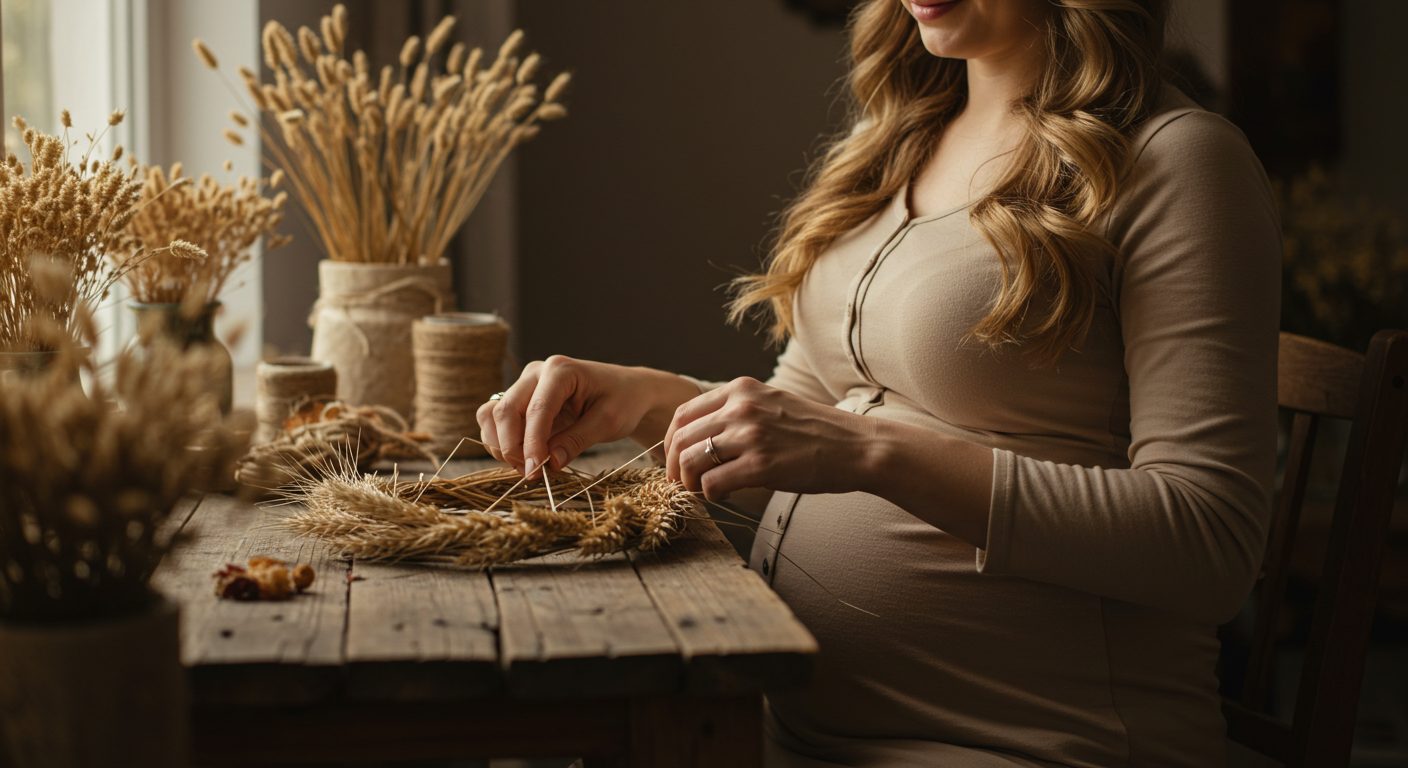 Беременная женщина плетет венок из пшеницы на деревянном столе у окна