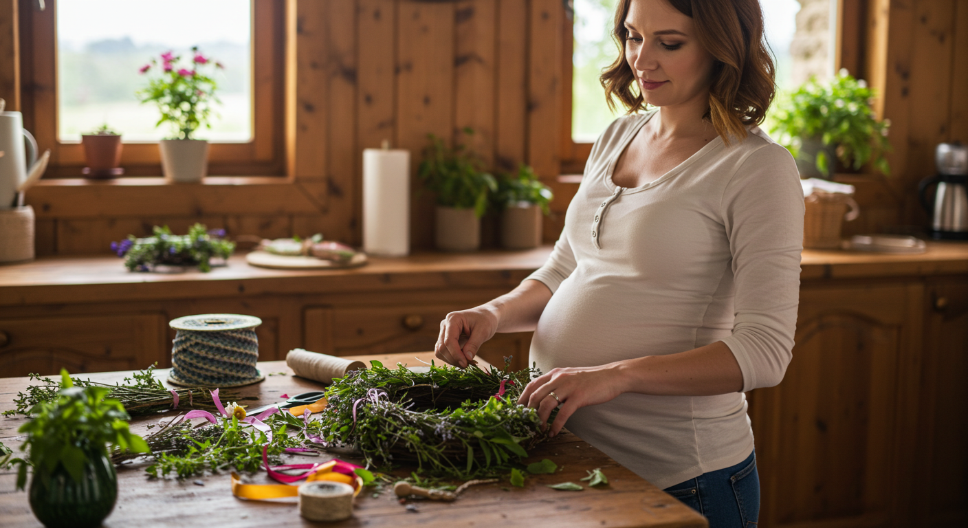 Беременная женщина помогает сыну сортировать цветы для венка на кухне