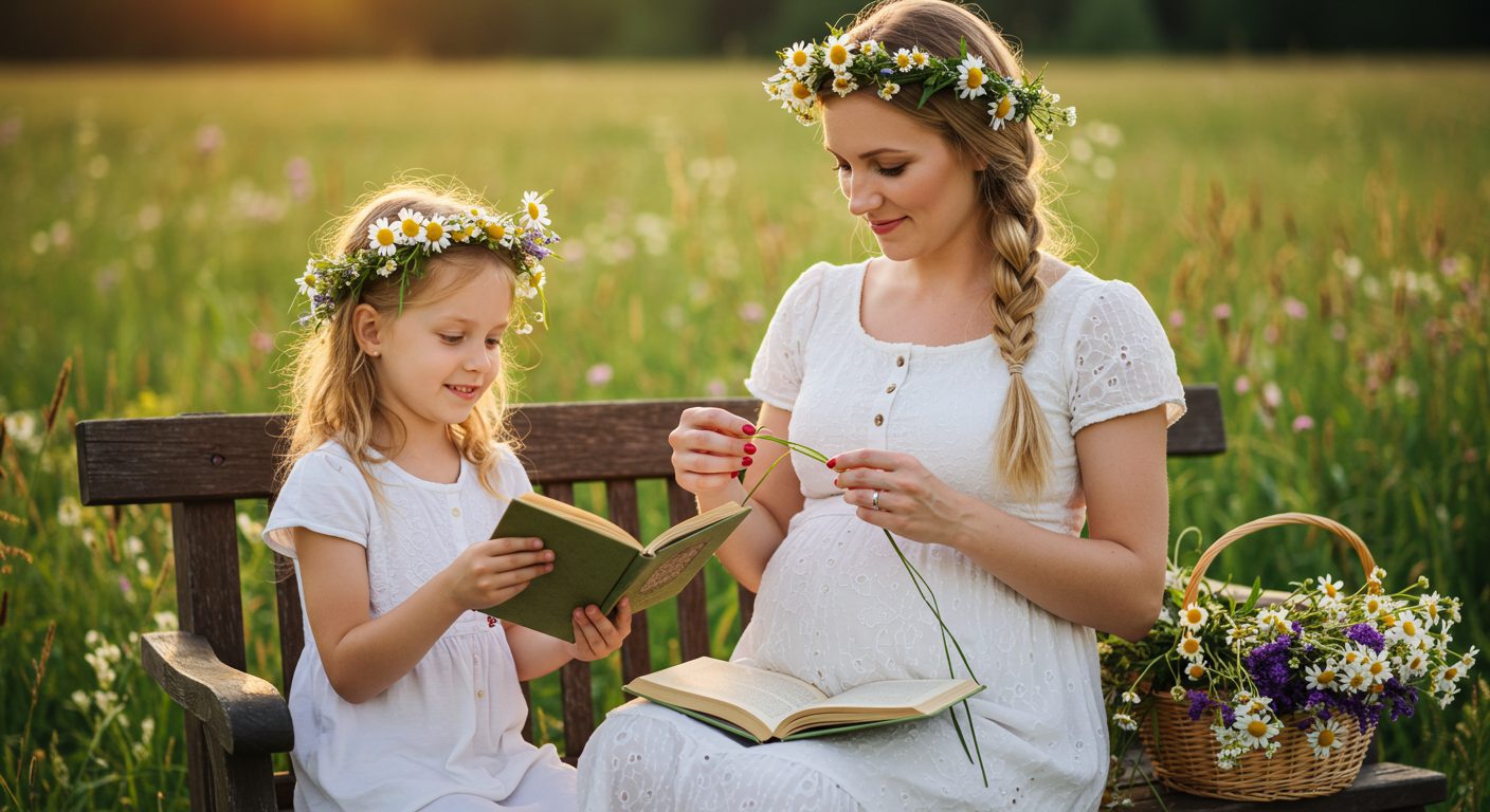 Беременная женщина с дочерью плетет венок из полевых цветов на скамейке