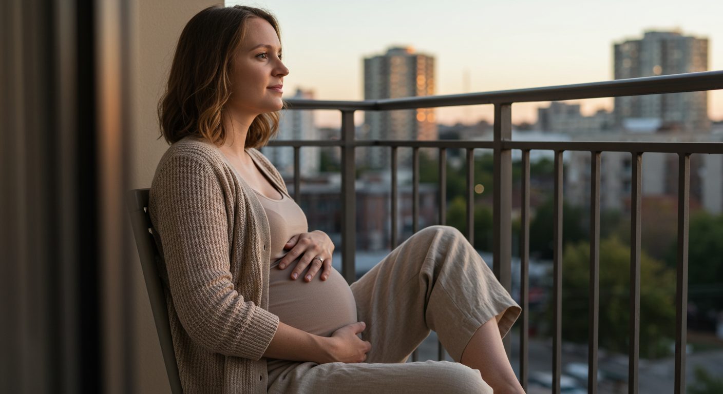 Беременная женщина задумчиво сидит на балконе с видом на город на закате