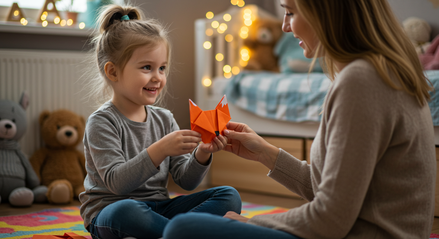 Четырехлетняя девочка гордо демонстрирует готовую бумажную лисичку матери в детской