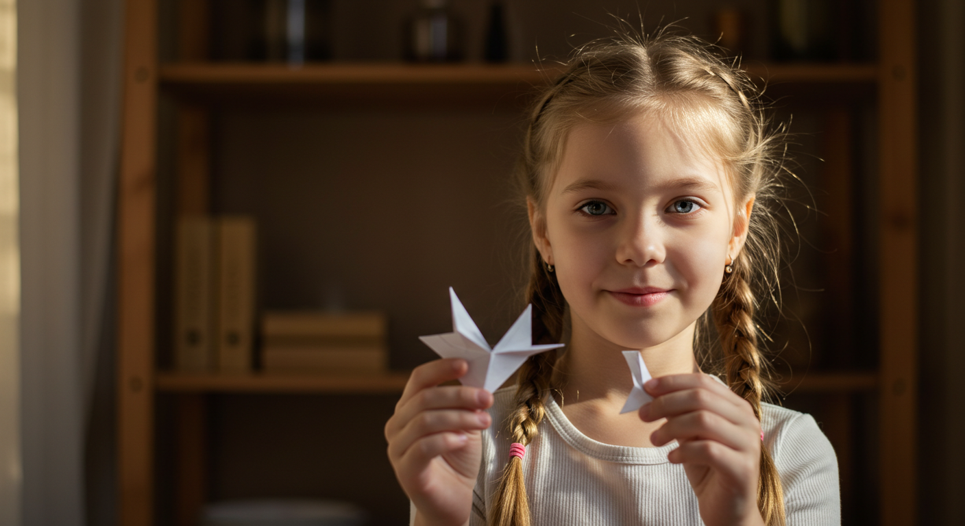 Девочка 5 лет гордо показывает бумажного журавлика в уютной комнате